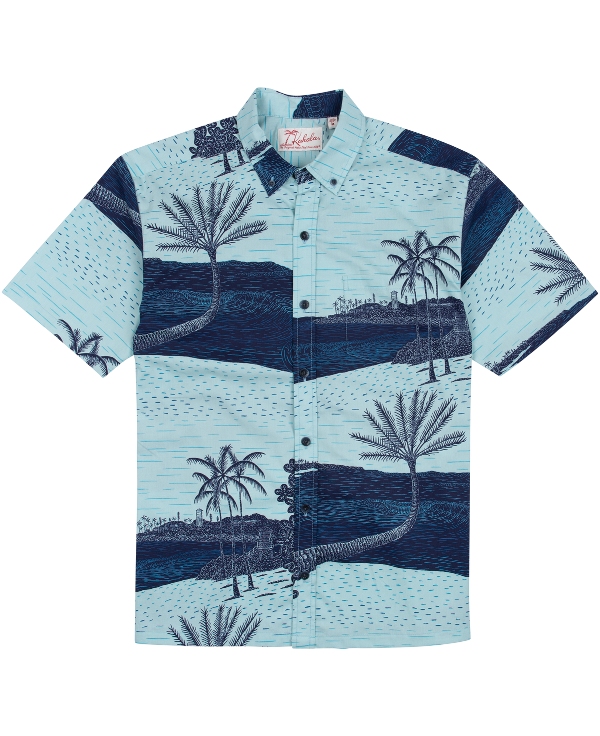 A short-sleeve button-up camp shirt by Kahala featuring a tropical beach print with palm trees, blue water, and sandy beige tones on a light blue background.